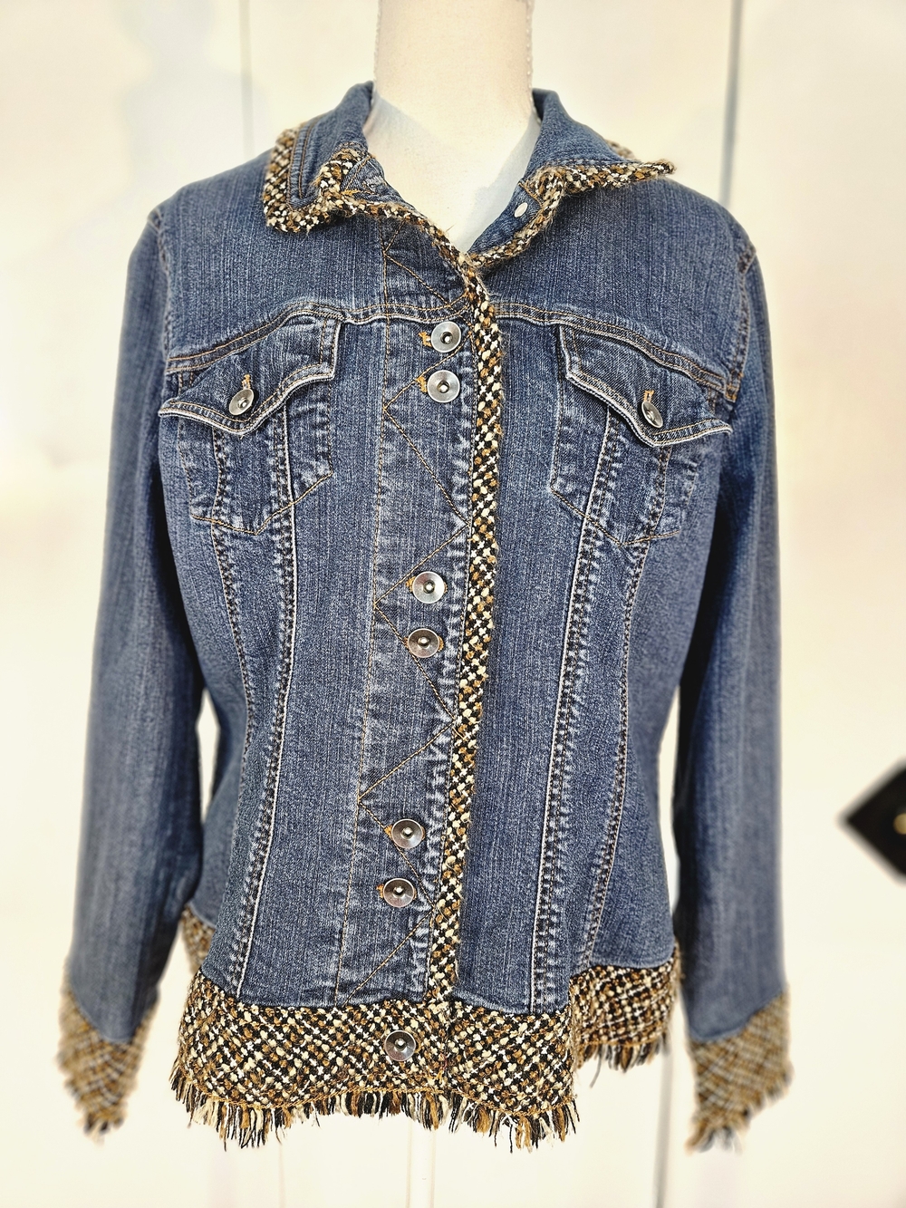 Coldwater Creek Denim Jacket with Tweed Trim in Blue and Gold